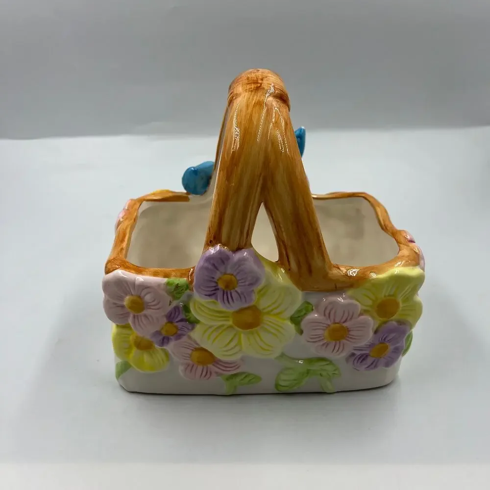 Vintage Glazed Ceramic Decorative Florist Basket Floral Blue Bird Pair